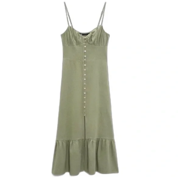 Zara | Dresses | Zara Sage Light Khaki Button Down Pleated Bust Midi Linen  Dress S | Poshmark